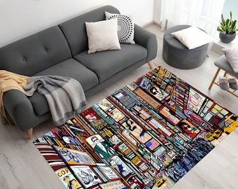 May include: A colorful rug with a New York City theme. The rug features a busy street scene with buildings, signs, and people. The rug is made of a soft, durable material and is perfect for adding a touch of urban style to any room.