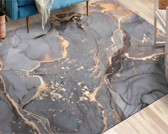 Gray And Gold Marble Rugs, Gray Marble Rug, Modern Marble Rugs, Modern Rugs, Car Mat, 3D Printeds Rug, Non Slip Rug, Easy To Clean Rug,