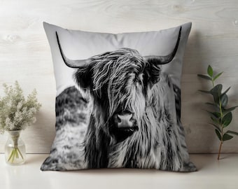 Scottish Cow Pillow, Cow Pillow, Black And White, Man Cave Decor, Loft Pillow, Farmhouse Style, Rustic Decor, Animal Cushion, Cozy Decor,