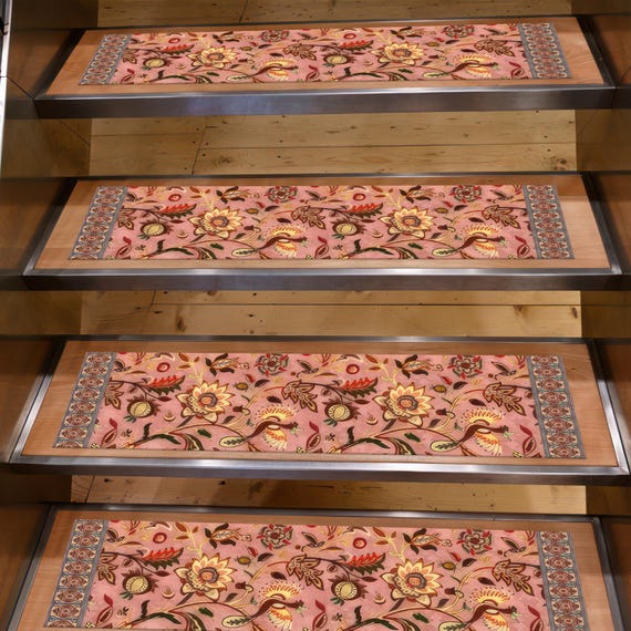 花柄ピンクの刺繍風デジタルプリント階段ラグ、洗える滑り止め素朴な