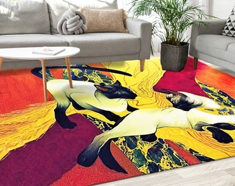 May include: Abstract area rug with a yellow, red, and purple background featuring two stylized cats in black, white, and yellow.