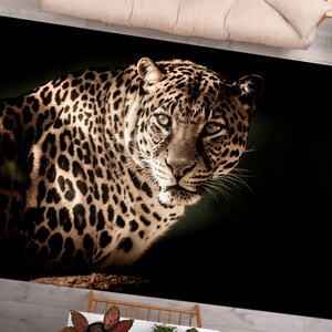 May include: A close-up of a leopard's face with a black background. The leopard has brown and black spots and is looking directly at the camera.