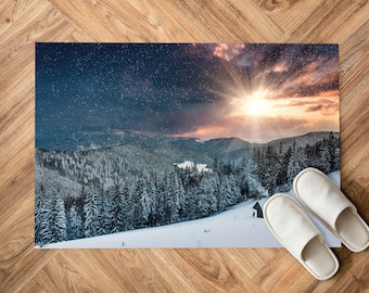Alfombra de paisaje invernal, alfombra de bosque, alfombras de paisaje de atardecer, alfombra con vista, regalo para el hogar, alfombra impresa en 3D, alfombra suave, alfombra clásica, regalo para él.