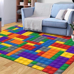 Colorful Building Blocks Rug | Kids Playroom Carpet | Machine Washable Non-Slip Lego Style Rug | Fun Creative Room Decor