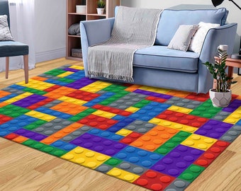 Colorful Building Blocks Rug | Kids Playroom Carpet | Machine Washable Non-Slip Lego Style Rug | Fun Creative Room Decor
