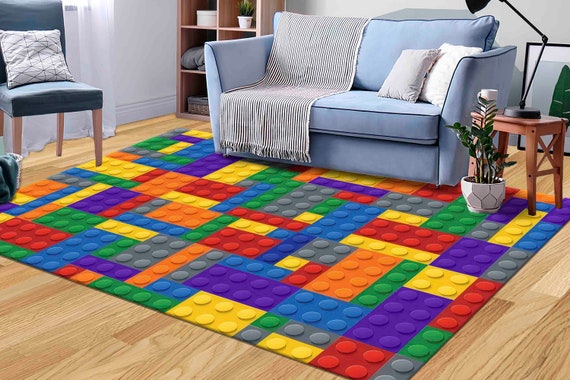 Colorful Building Blocks Rug | Kids Playroom Carpet | Machine Washable Non-Slip Lego Style Rug | Fun Creative Room Decor