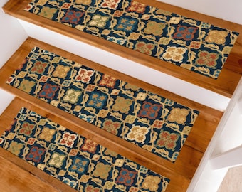 Classic Patterned Stair Treads – Multicolor Oriental Design Carpet Rug Pads for Indoor Wood Steps, Non-Slip Vintage Style Runner