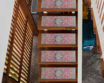 Red Oriental Stair Tread Rug – Traditional Washable Non Slip Carpet Mat for Wooden Steps, Turkish Style Runner for Elegant Home Decor