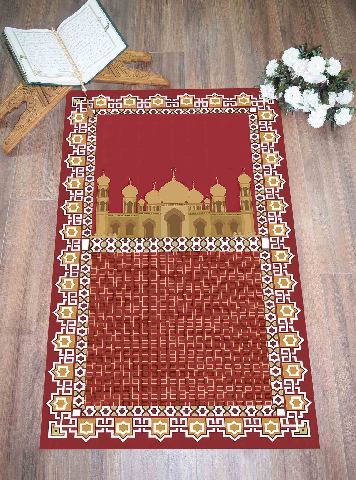 Red Prayer Rug, Gold Prayer Rug, Prayer Rugs, Worship Rug, Islamic Rug ...