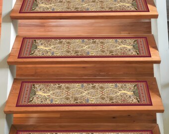 Beige Red Oriental Digital Printed Stair Rug, Non-Slip Classic Carpet Runner, Washable Step Rug, Tread Rug for Traditional Elegant Homes