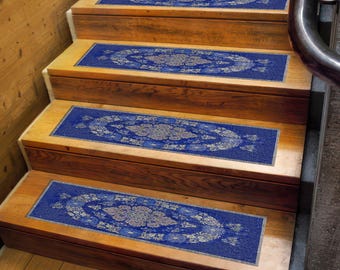 Alfombra de escalera con estampado digital azul oscuro, antideslizante, lavable, estilo oriental, suave, clásica para escalones de madera.