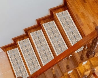 Elegante Blau-Beige-Treppenstufen mit Blumenmuster - rutschfeste, waschbare Teppichbezüge für Holzstufen im Innenbereich, Stufenmatten mit traditionellem klassischem Muster