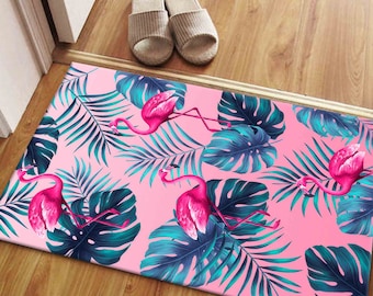 Pink Flamingo Tropical Rug | Summer Palm Leaves Carpet | Machine Washable Playful Beach Decor Rug | Boho Coastal Room Accent