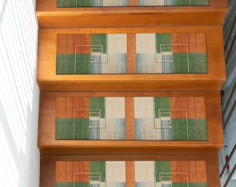 Orange Green Blue Digital Printed Stair Rug, Non-Slip Step Carpet Runner, Washable Modern Tread Rug, Colorful Stair Mat Decor