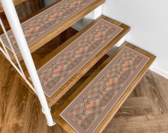 Vintage Style Stair Tread Rug, Washable Non Slip Carpet for Indoor Steps, Soft Woven Diamond Pattern Runner Mat for Wooden Stairs