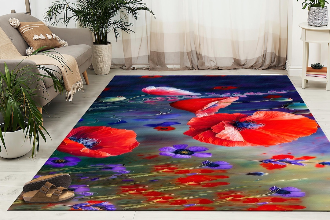 Poppy Kitchen Rug Red Poppy Rug, Red Flower Rug, Modern Rug, Kitchen Rug, Gift Rug ...