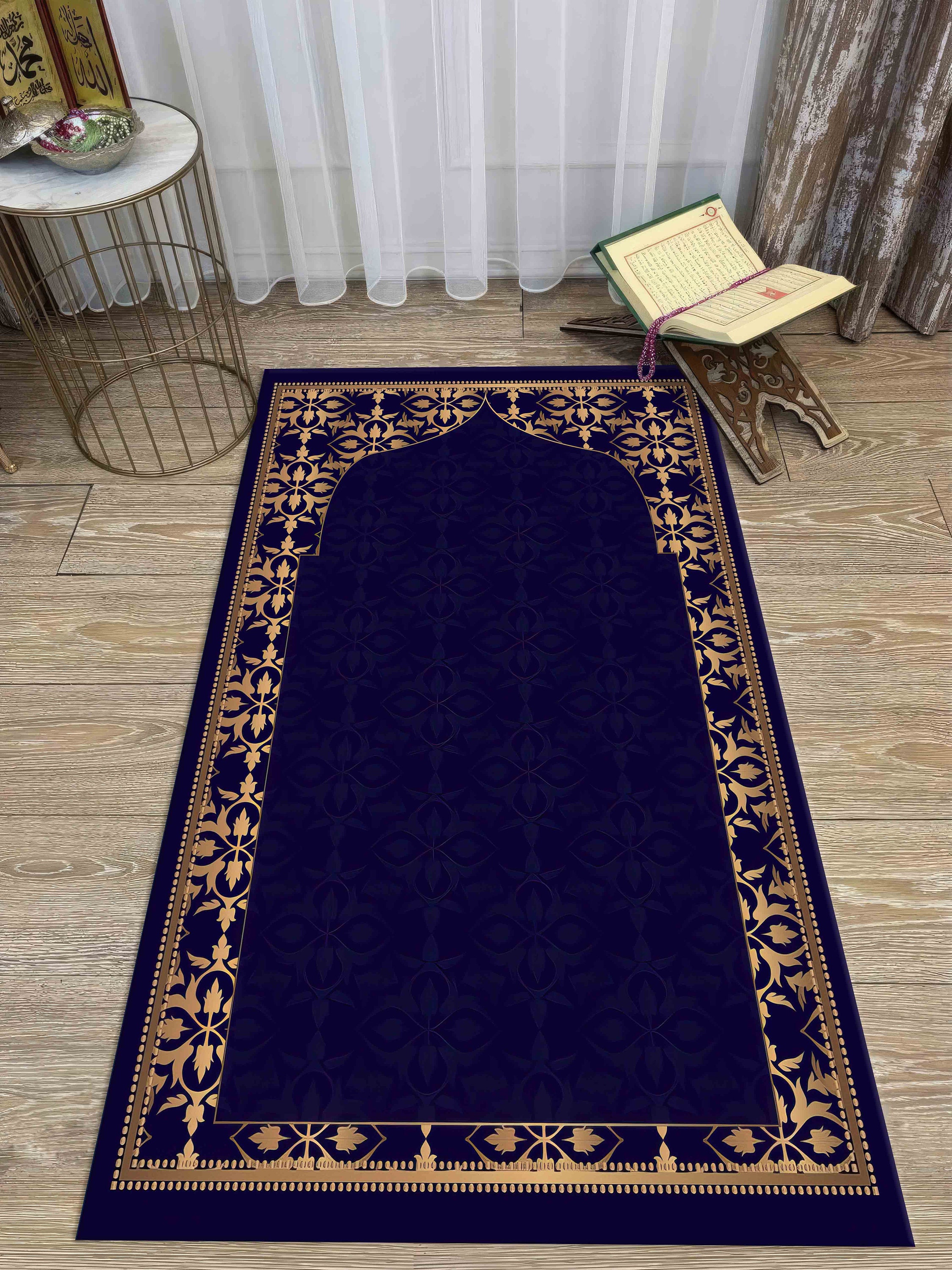 Navy Blue Prayer Rug, Gold Prayer Rug, Spiritual Rug, Personalized Rug