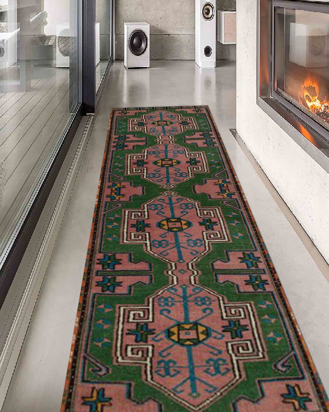 Green and Pink Rug, Kilim Pattern Rugs, Aztec Rug, Farmhouse Decor