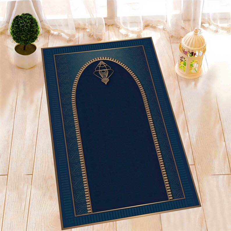 Navy Blue Rug, Gold Prayer Rug, Prayer Rug, Muslim Home Rug, Anti-slip ...
