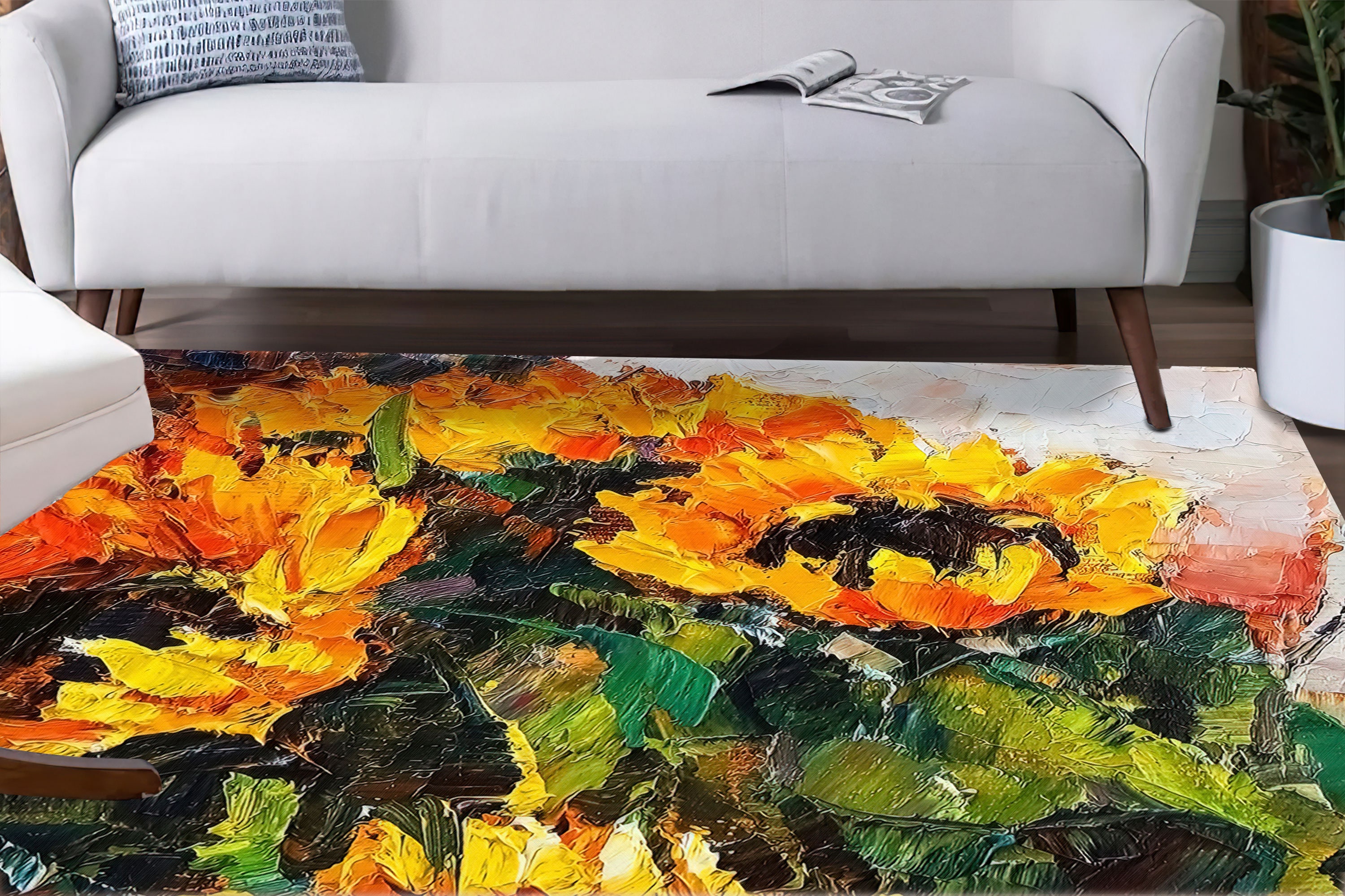 ひまわりの花束の絵画ラグ、ひまわりラグ、ひまわりの花束のラグ