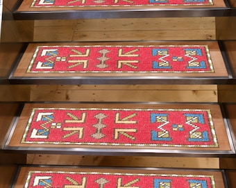 Bold Geometric Red Stair Tread Rug – Ethnic Tribal Patterned Non-Slip Carpet for Colorful and Dynamic Traditional Step Decoration
