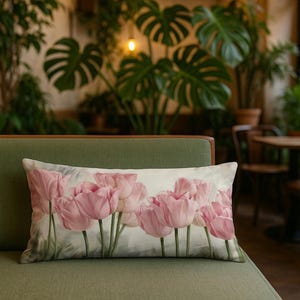 May include: Rectangular cushion with a watercolour design of pink tulips. The cushion is placed on a green sofa, with a backdrop of lush green plants and a cafe setting.