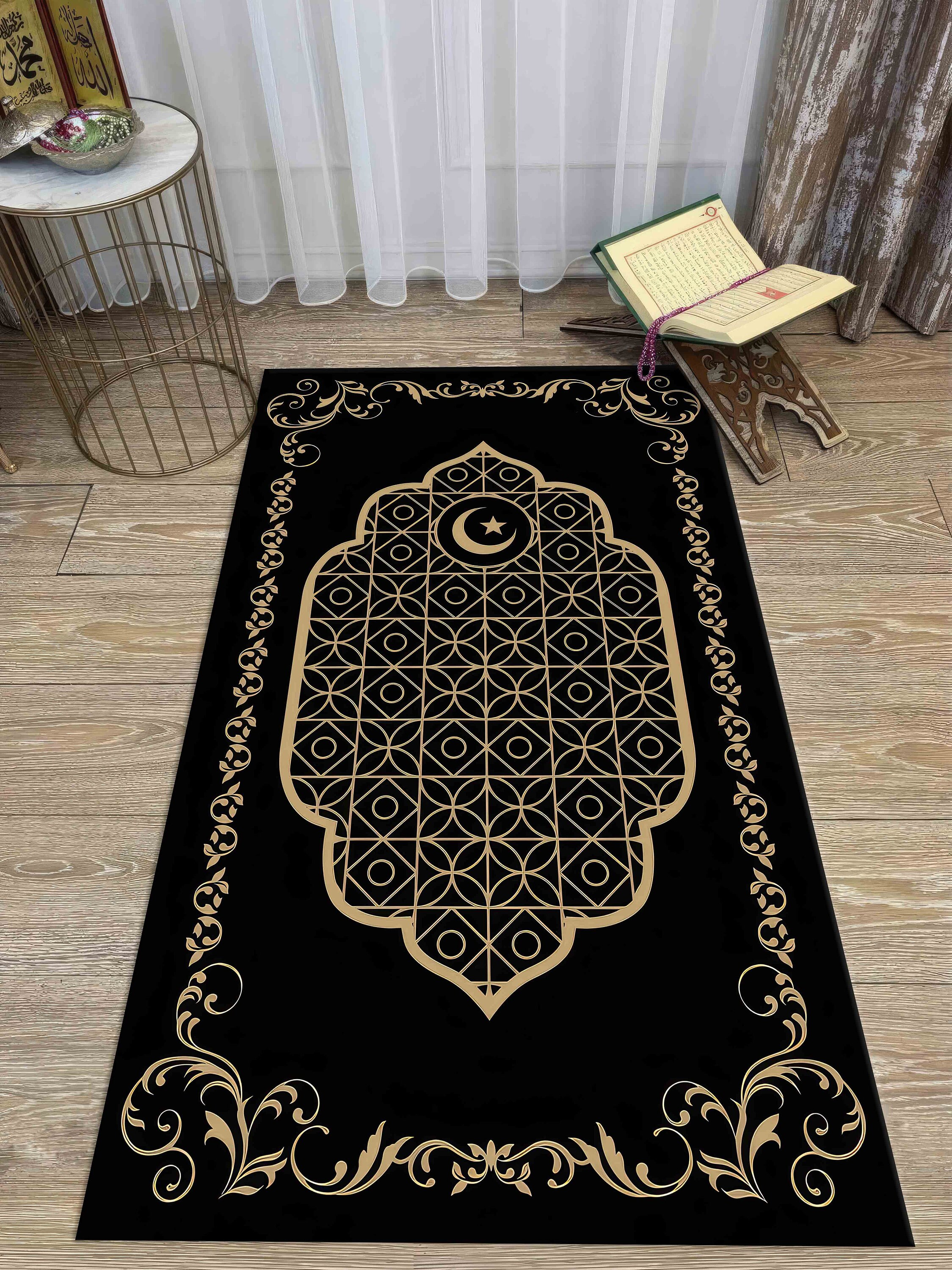 Gold Prayer Rug, Black Prayer Rug, Religious Rug, Moon Star Rug ...