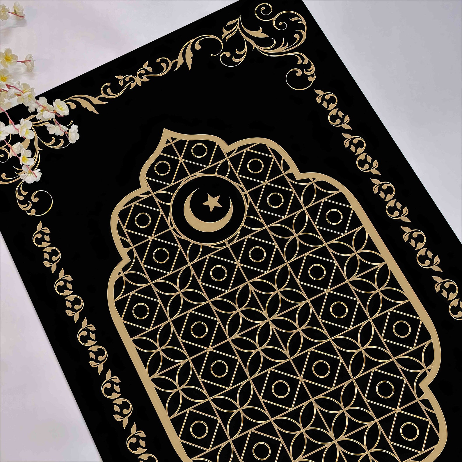 Gold Prayer Rug, Black Prayer Rug, Religious Rug, Moon Star Rug ...