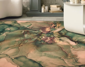Puede incluir: Alfombra de área abstracta con un patrón de remolino de verde, dorado y rosa. La alfombra tiene un diseño moderno y abstracto.