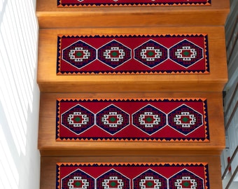 Red Navy Digital Printed Stair Rug, Non-Slip Carpet Runner, Washable Tribal Step Rug, Geometric Kilim Style Stair Tread Mat with Bold Colors