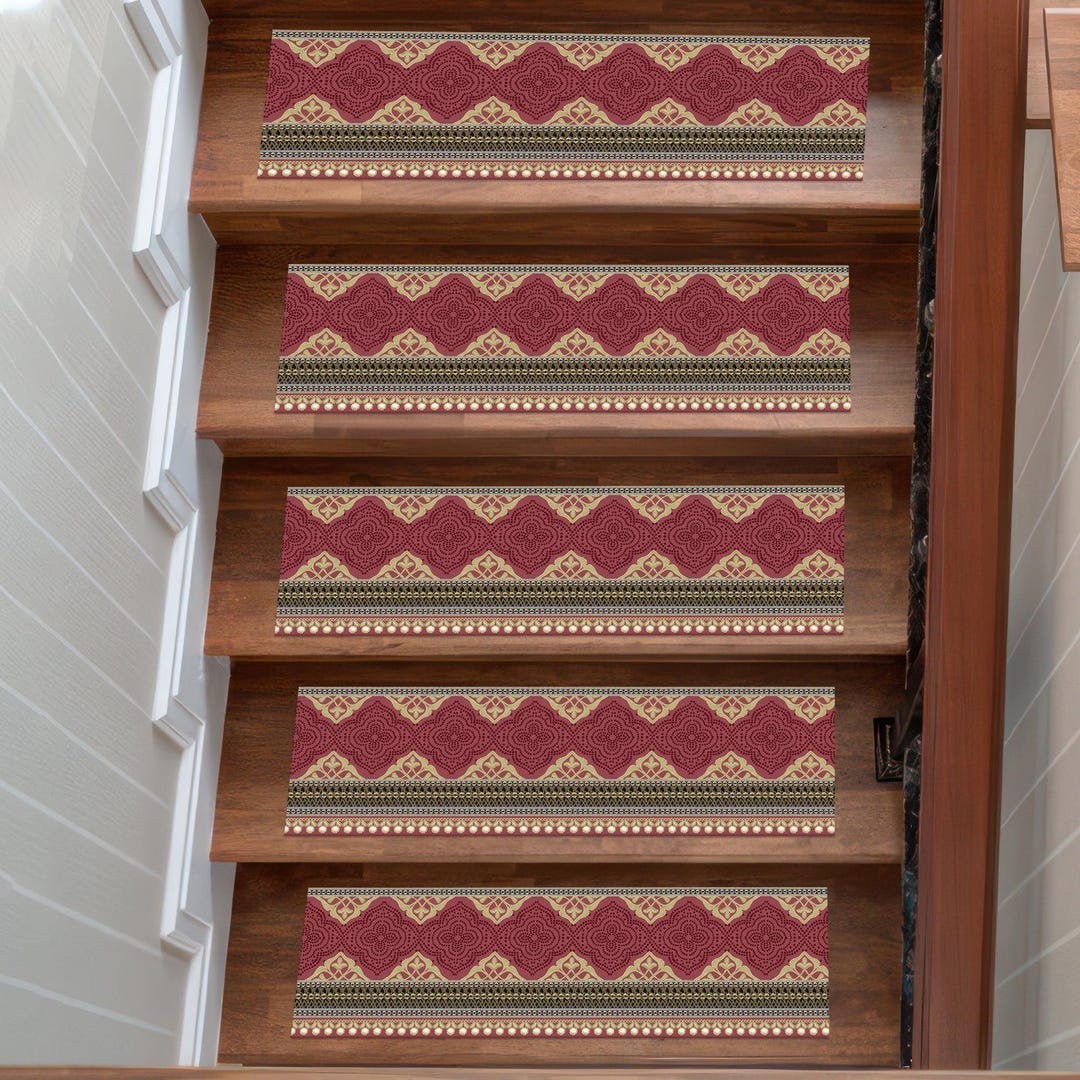 専用ページ2 Oriental Zigzag Stair Tread Rug – Burgundy Gold Black Patterned