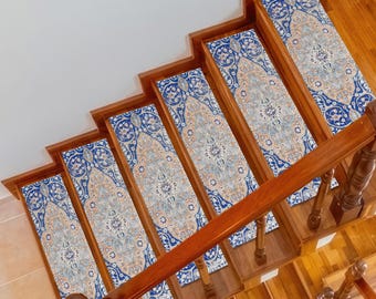 Blau Beige Vintage Treppen Teppich, Waschbar Rutschfest Treppenstufe
