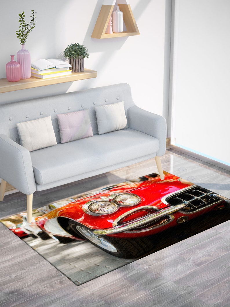 Vintage Car Rugs, Retro Car Rug, Red Car Rugs, Garage Rugs, Decorative