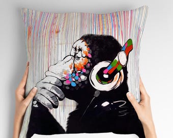 Banksy Monkey Chenille Pillow Cover: DJ Art Home Decor