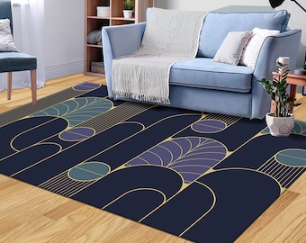 May include: Abstract geometric rug with a navy blue background, gold lines, and purple and teal circles. The rug has a modern design and would be a great addition to any living room or bedroom.