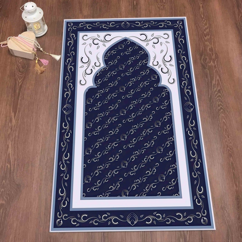 Navy Blue Prayer Rug, White Prayer Rug, Prayer Rug, Muslim Rug, Luxury ...