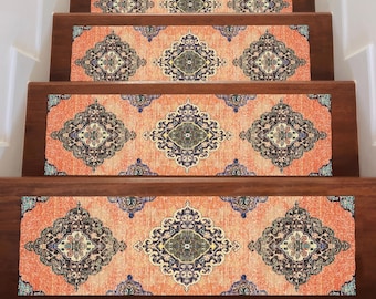Orange Beige Digital gedruckter Treppenteppich, rutschfester Teppichläufer, waschbarer klassischer Stufenteppich, traditionelle Treppenstufe für Treppen