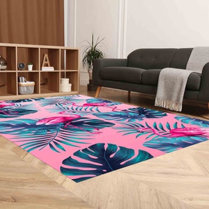Pink Flamingo Tropical Rug | Summer Palm Leaves Carpet | Machine ...