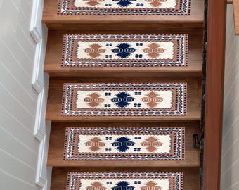 Southwestern Aztec Stair Tread Rug, Non Slip Boho Geometric Carpet Runner for Wooden Steps, Washable Rustic Decorative Mat