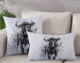 Federa per cuscino con toro astratto, cuscino per caverna dell'uomo, federa per cuscino moderna, federa per cuscino con animali, regali personalizzati, federa per cuscino unica,
