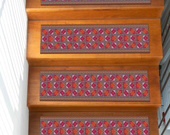 Red Traditional Digital Printed Stair Rug, Non-Slip Classic Carpet Runner, Washable Step Rug, Tread Rug for Vintage Ethnic Interiors