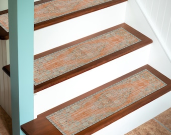 Orange & Mint Digital gedruckter Treppen-Teppich - Waschbarer, rutschfester Treppenteppich mit Vintage-Muster, weiche Boho-Stufenmatte für Holztreppen