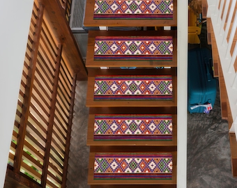 Multicolor Digital Printed Stair Rug, Non-Slip Carpet Runner, Washable Kilim Style Tribal Step Rug, Colorful Boho Geometric Stair Tread Rug