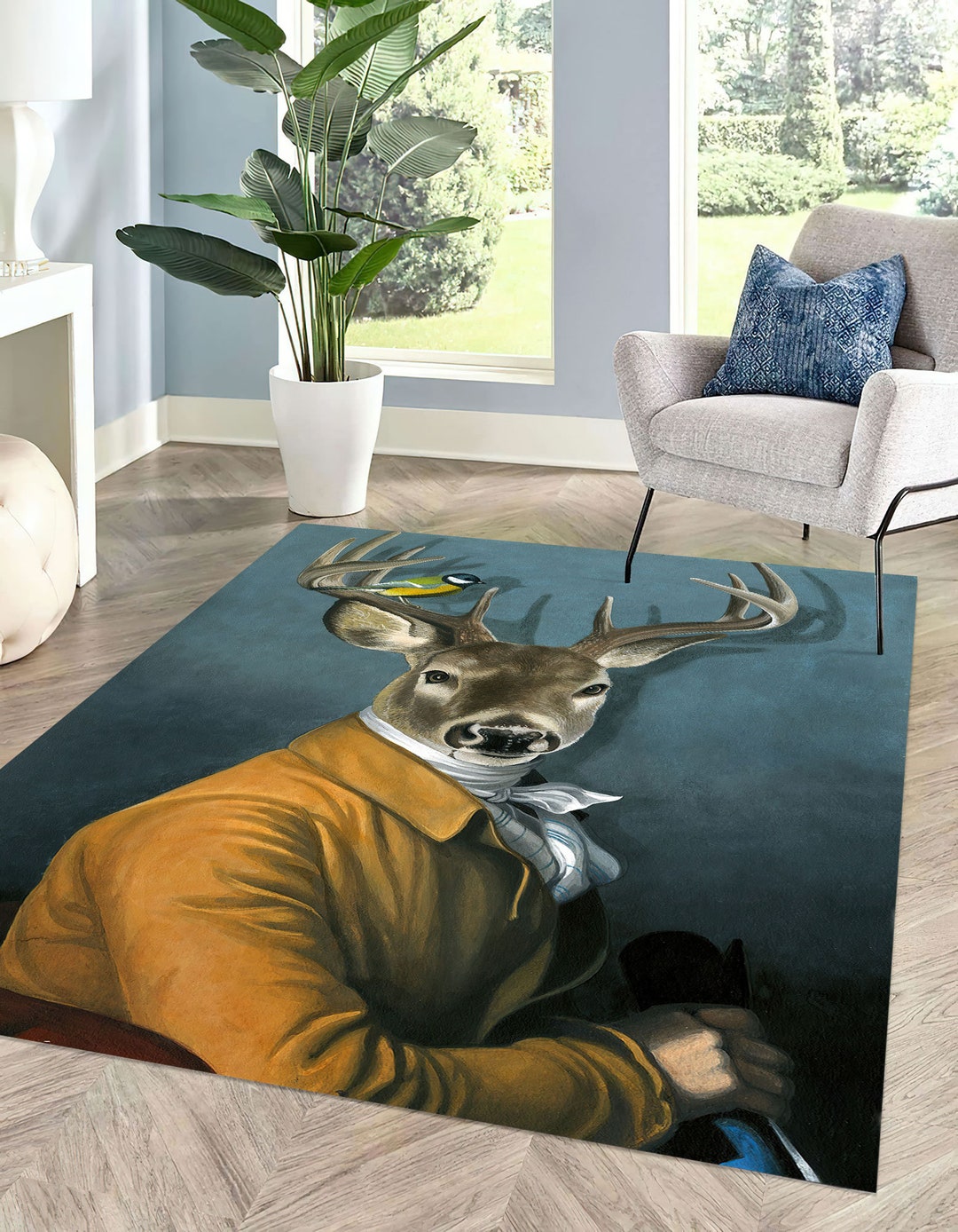 Deer in Suit Rug Deer With Bird Rug Deer Rugs Animal Rug Etsy