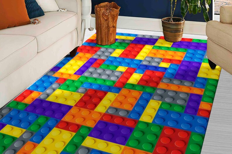 Colorful Building Blocks Rug | Kids Playroom Carpet | Machine Washable Non-Slip Lego Style Rug | Fun Creative Room Decor image 3