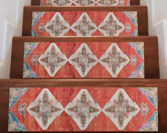 Red White Blue Digital Printed Stair Rug, Washable Boho Step Carpet Runner, Non-Slip Ethnic Style Stair Tread Mat, Colorful Home Decor