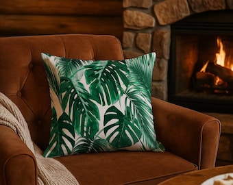 Tropisch kussen, palmblad, tropische bladeren, groen decor, op de natuur geïnspireerd, botanische kunst, modern kussen, junglestijl, bladontwerp,