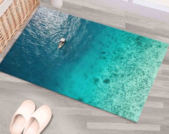 Aerial Ocean View Rug | Turquoise Blue Water Printed Rug | Machine Washable Coastal Decor Carpet | Nautical Theme Area Rug