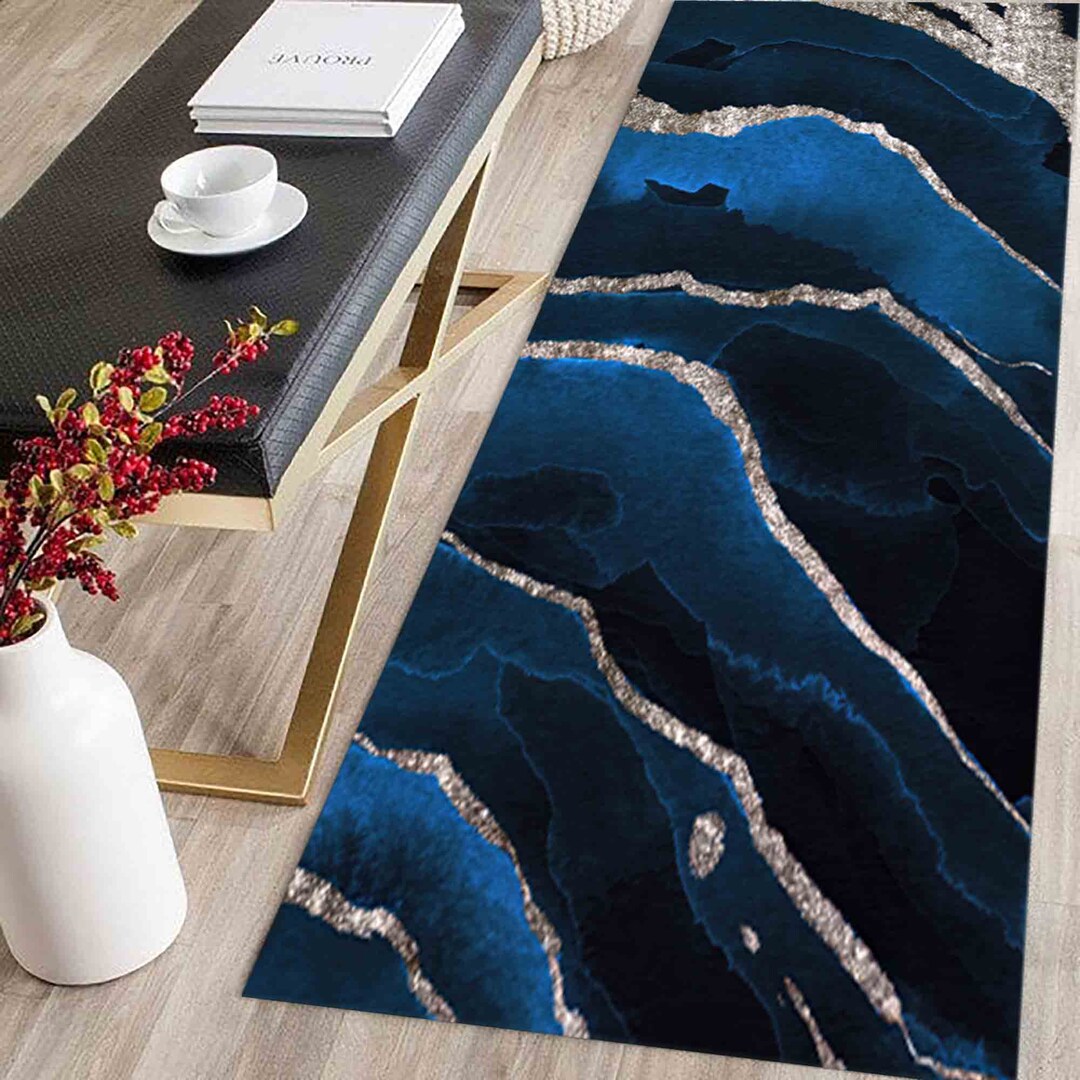 Blue Marble Rug Pattern Navy Blue Marble Rugs, Abstract Rug, Silver Rugs, Modern Rug, Hallway ...