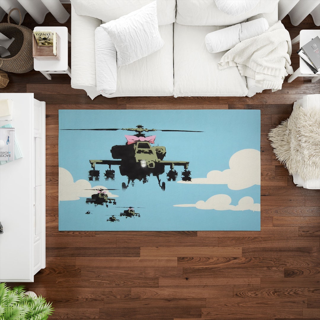 Banksy Helicopter Rugs, Helicopter Graffiti Rug, Pink Bowtie ...